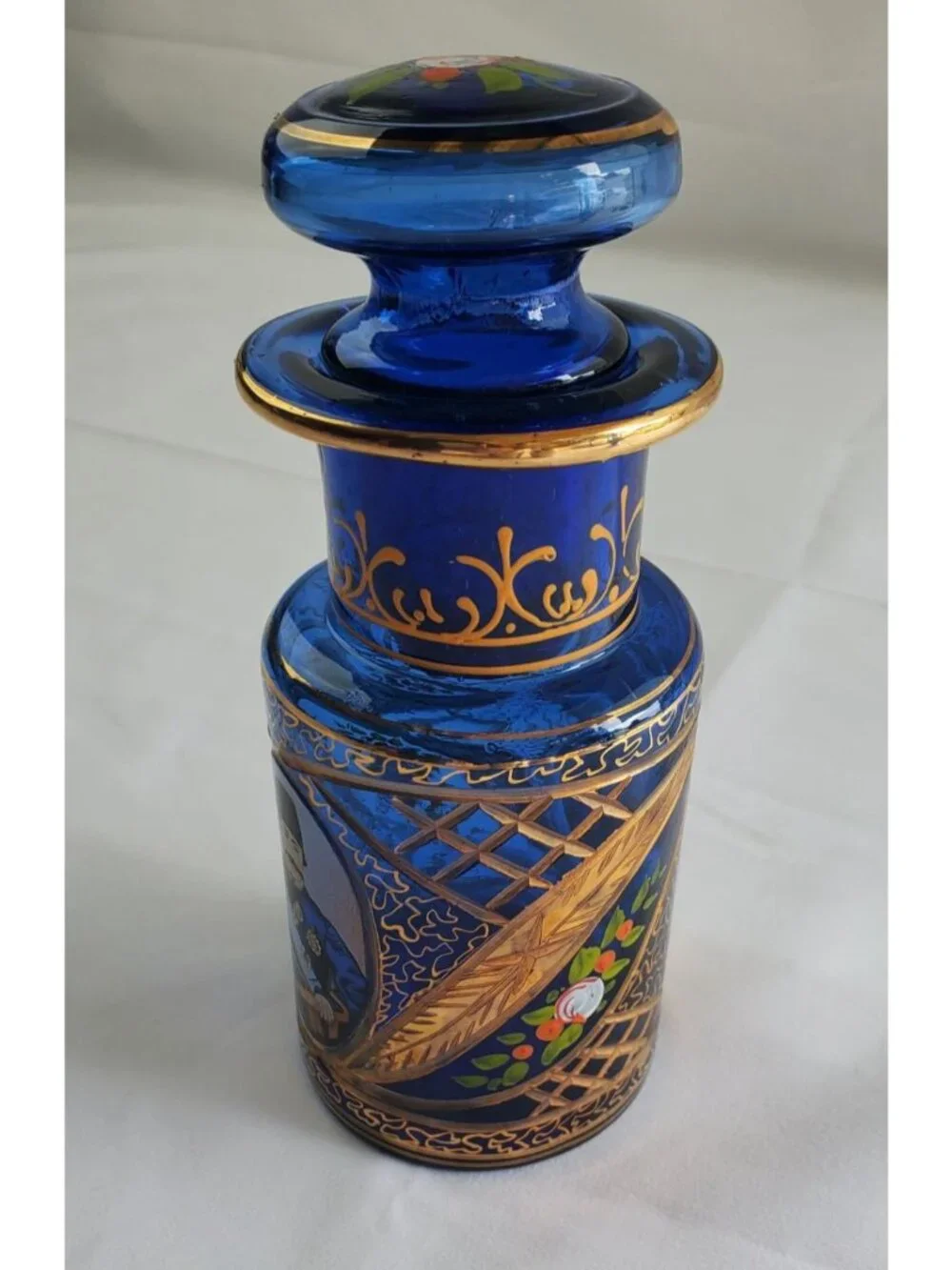 Vtg Cobalt Russian Blue Decanter w/ Etched Gold Flower w/ Stopper Tole Painted
